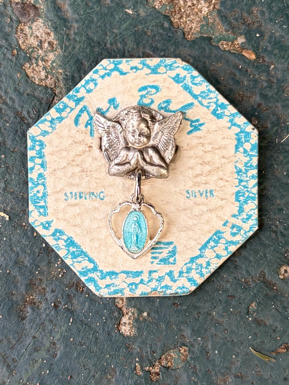 Vintage Sterling Silver Baby Cherub SMALL Pin with tiny Religious Medal Charm